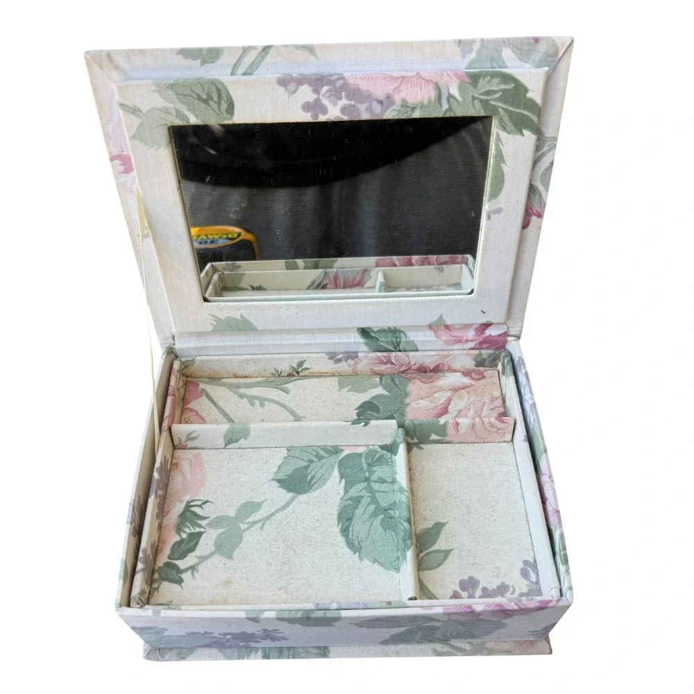 Vintage 90s Floral Fabric Jewelry Box Mirror Organizer‎ Cottagecore Shabby USA